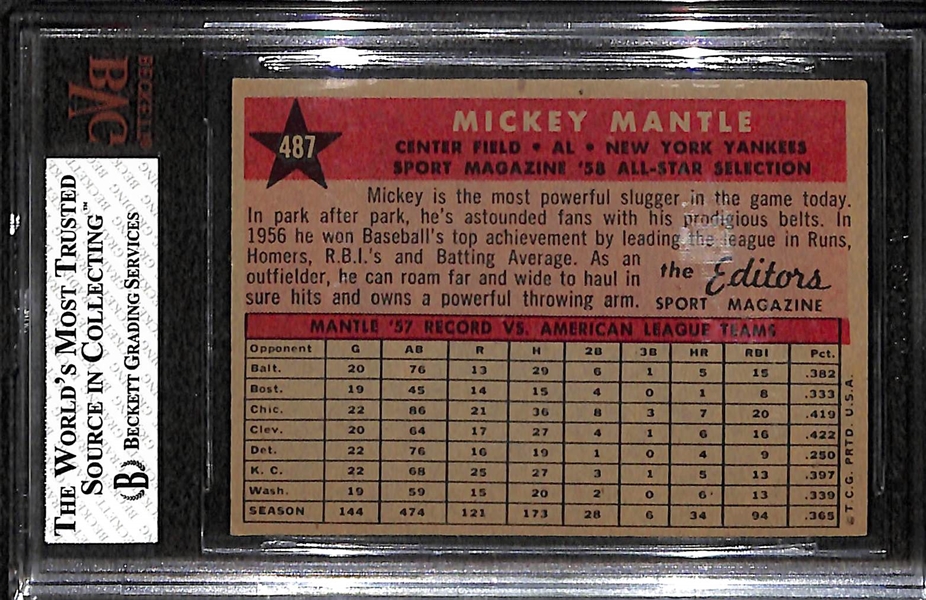 1958 Topps #487 Mickey Mantle All Star Graded BVG 6 (EX-MT)