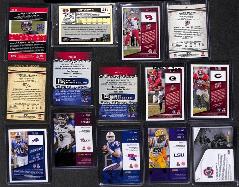Lot of (59) Certified Football Autograph Cards (mostly rookies) w/  Makcolm Mitchell, Keith Marshall, Chris Johnson, Dan Conner, Lamar Miller, Ronnie Hillman, Brandon Doughty (#/99), Vernon Davis,...