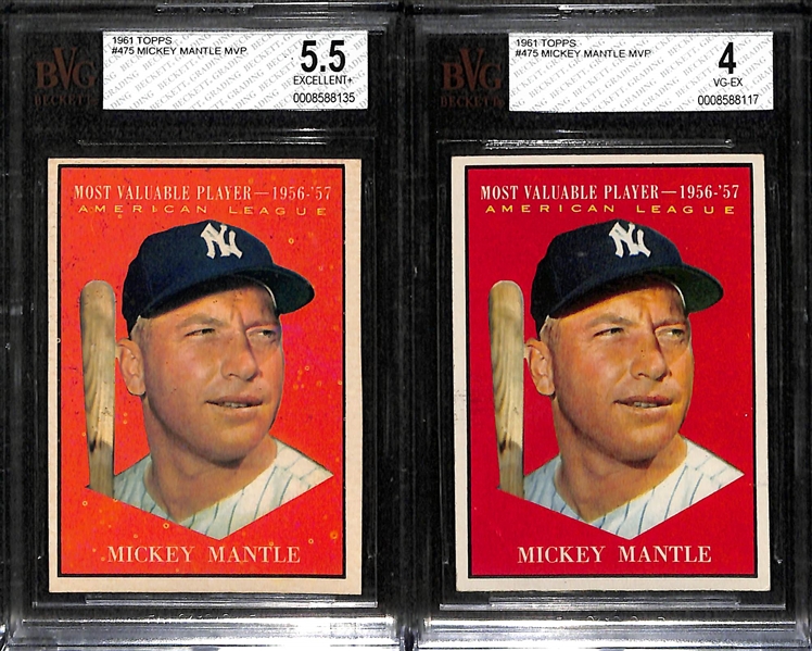 Lot of (2) 1961 Topps #475 Mickey Mantle MVP Cards (Graded BVG 5.5 and 4.0)