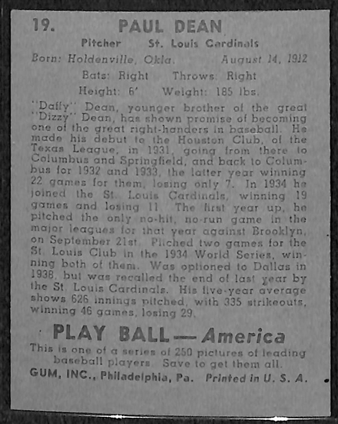 1939 Play Ball Paul Daffy Dean #19