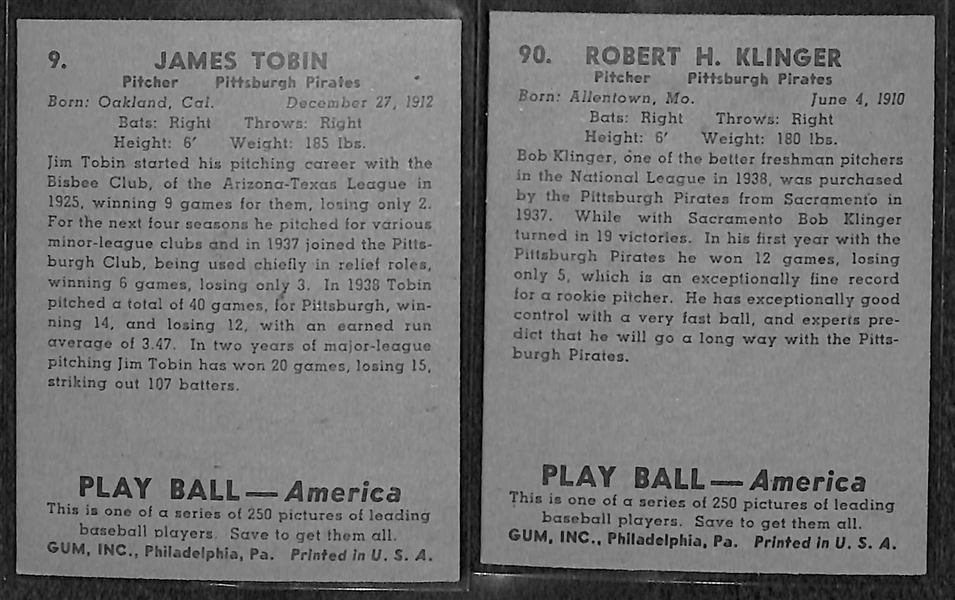 Lot of 3 - 1939 Play Ball Cards of Tobin, Klinger, & McNair