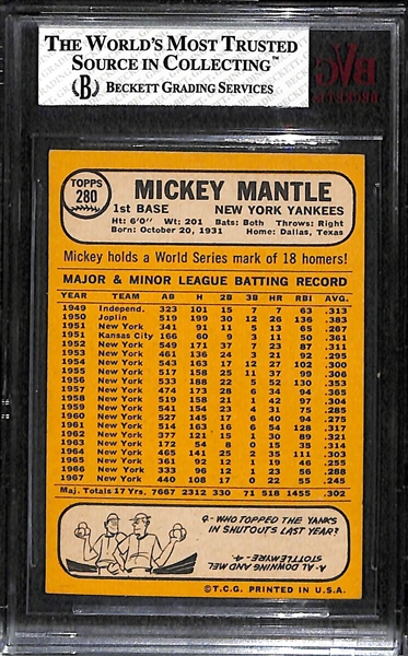 1968 Topps #280 Mickey Mantle Graded BVG 6 (EX-MT)