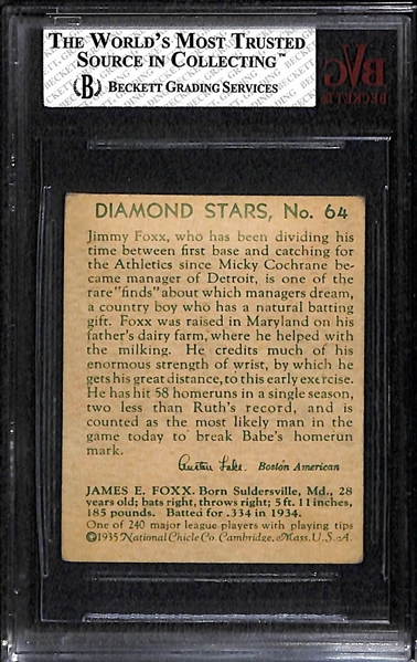 1934-36 Diamond Stars #64 Jimmie Foxx BVG 3.5 (VG+)