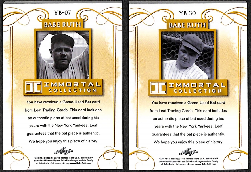 Lot of (2) 2017 Leaf Immortal Collection Babe Ruth Game Used Yankees Bat Cards - Both Numbered to 20 (one is numbered 3/20, his jersey number) 