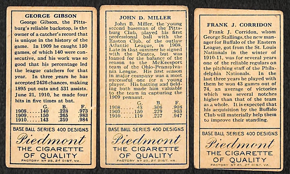 Lot of (3) 1911 T205 Tobacco Baseball Cards (George Gibson, John Miller, and Frank Corridon)
