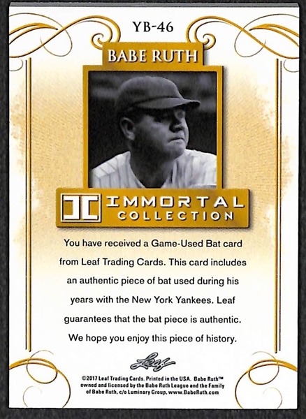 2017 Leaf Immortal Collection Babe Ruth Game Used Yankees Bat Card #5/5 