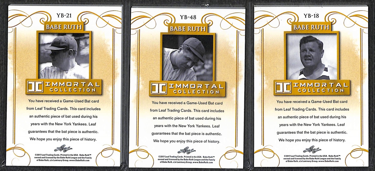 Lot of (3) 2017 Leaf Immortal Collection Babe Ruth Game Used Yankees Bat Cards - Each Numbered to 20 