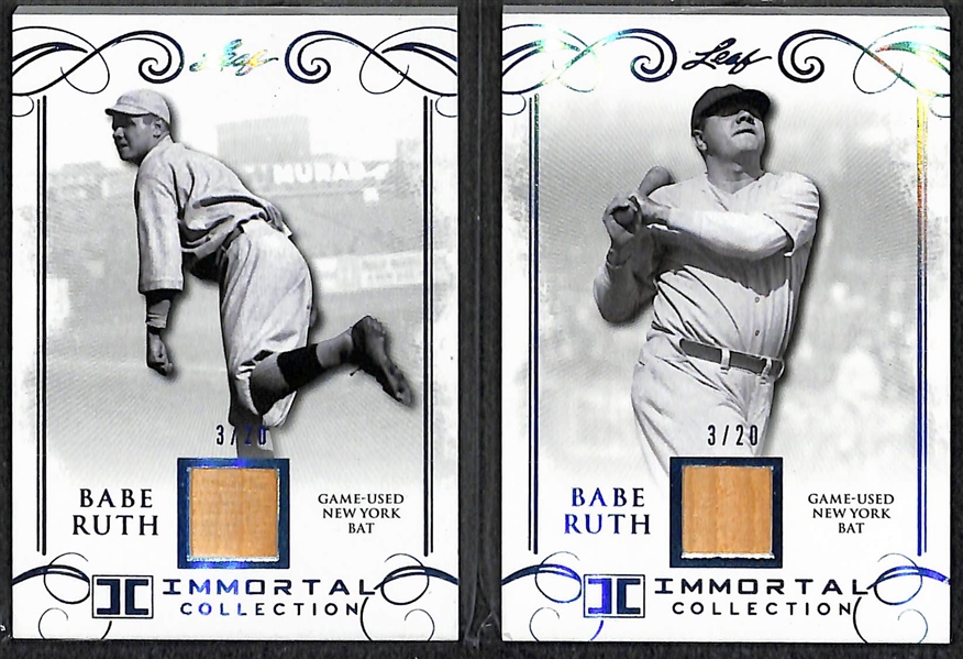 Lot of (2) 2017 Leaf Immortal Collection Babe Ruth Game Used Yankees Bat Cards - Both Numbered 3/20 (his jersey number) 