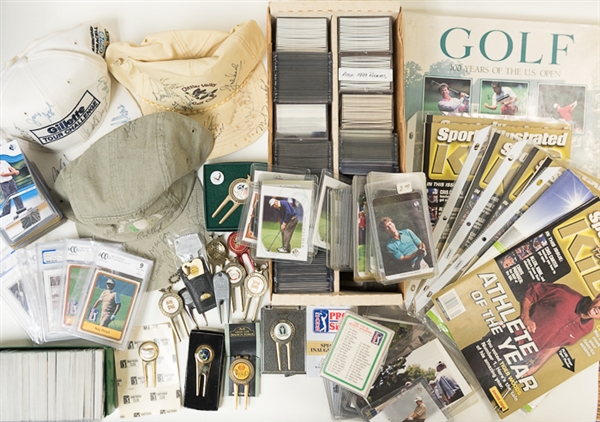 Lot of Golf Memorabilia - Multi Signed Caps, Signed Golf Cards, 15 Divot-Repair Tools, 300+ Golf Cards