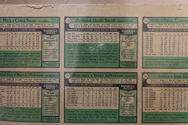 1979 Topps Baseball Uncut Sheet w. Ozzie Smith Rookie Card & Reggie Jackson