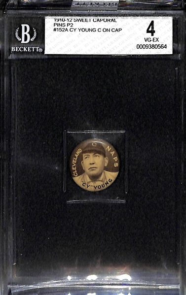 Cy Young (C on Cap) 1910-12 Sweet Caporal Pins P2 #152A Graded BVG 4 VG-EX