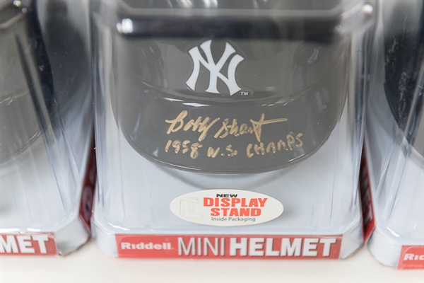 Lot of 3 Bobby Shantz Signed & Inscribed Yankees Mini Helmets