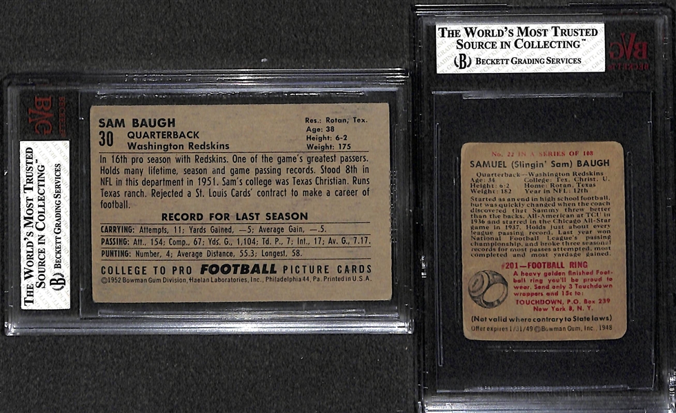 (2) Card Sammy Baugh Lot:  1949 Bowman Rookie (BVG 1.5 Fair) and 1952 Bowman Large (BVG 3.5)