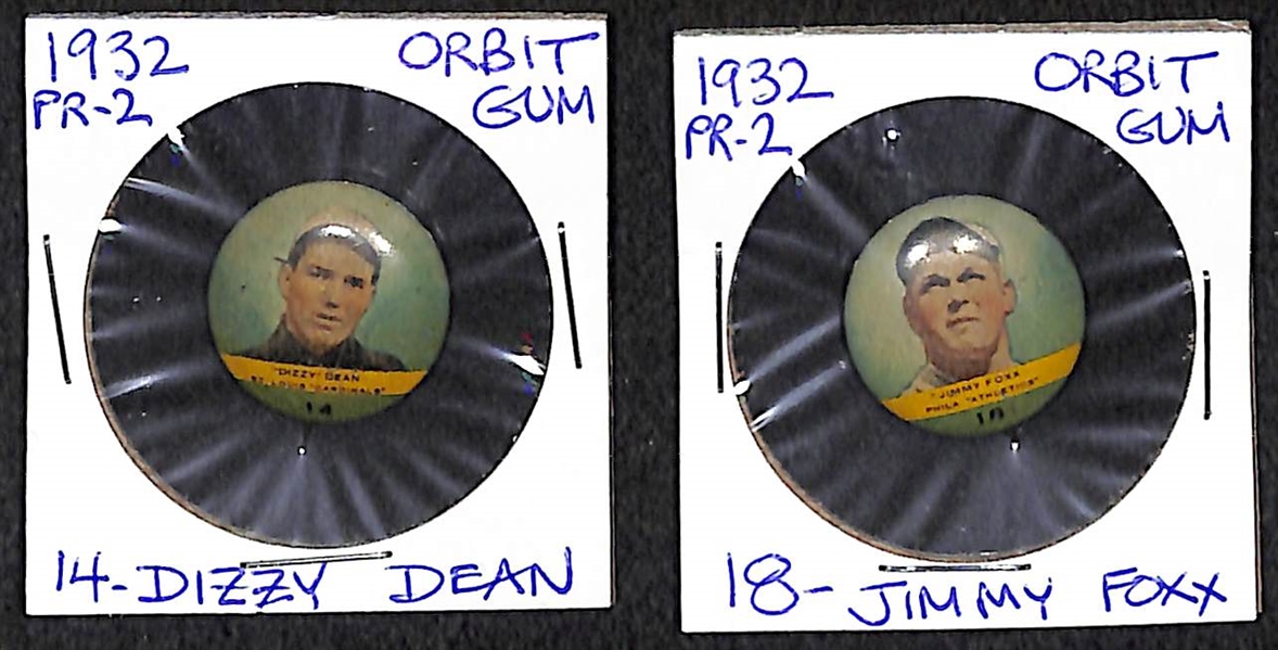 Lot of 32 Different 1932 Orbit Gum Pins - PR2 (Numbered) w. Dizzy Dean & Jimmy Fox
