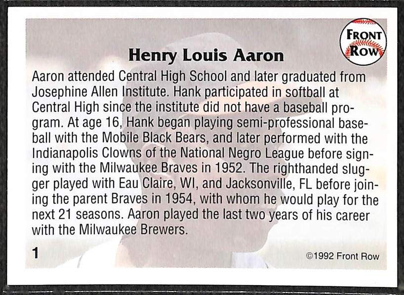 1992 Front Row Hank Aaron On-Card Autograph Baseball Card