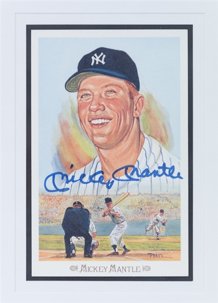 Framed & Autographed Mickey Mantle, Joe DiMaggio, and Ted Williams Perez Steele Postcards (JSA)