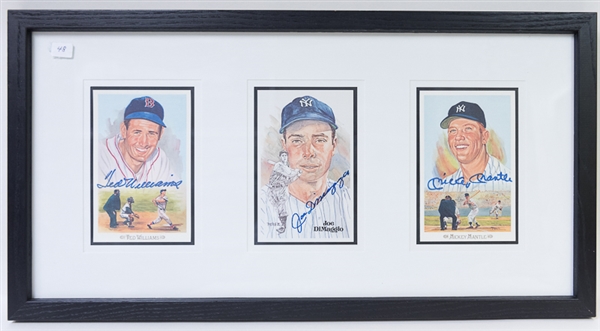 Framed & Autographed Mickey Mantle, Joe DiMaggio, and Ted Williams Perez Steele Postcards (JSA)