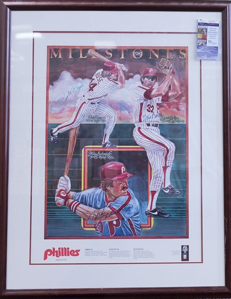 Mike Schmidt, Steve Carlton, and Pete Rose Signed/Framed Phillies Poster (JSA)
