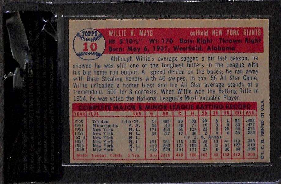 1957 Topps Willie Mays Card #10 BVG Auth