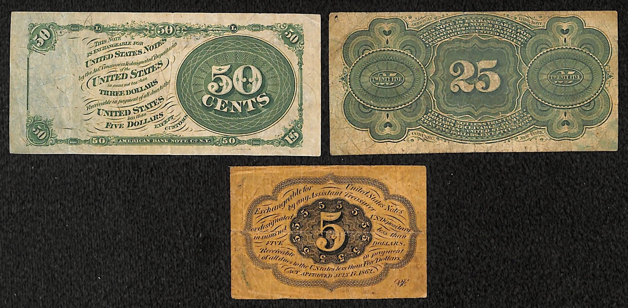 Lot of 3 Fractional Currency from 1863-1869 - 50, 25, 10, & 5 Cent Notes