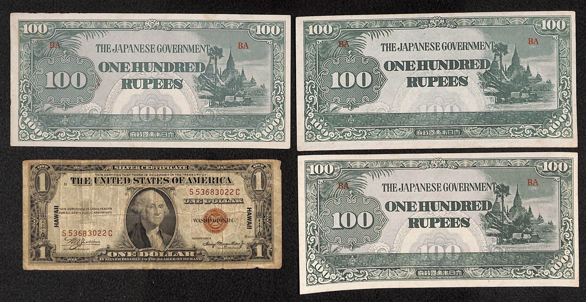 US 1935 Hawaii Silver Certificate & 1940s Japanese Burma Occupation Currency