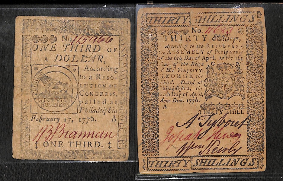 Lot of 14 Colonial Currency Notes circa 1770 (1), 1776 (12), & 1778 (1)