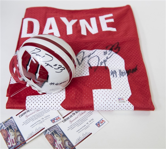 Ron Dayne Signed Football Helmet & Jersey (PSA COA)