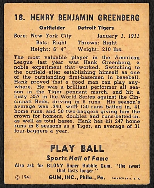 1941 Play Ball Hank Greenberg (HOF) G-VG