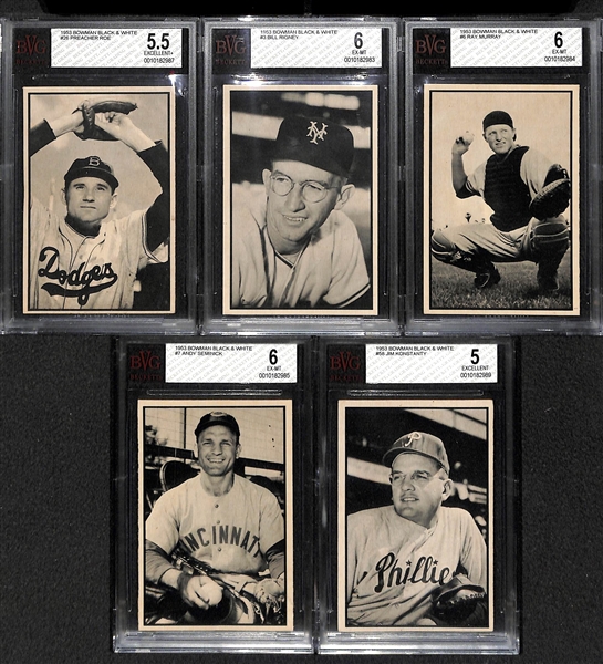 Lot of 5 Graded 1953 Bowman Baseball Cards W. Preacher Roe BVG 5.5