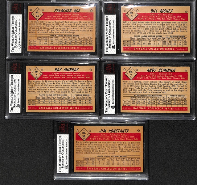 Lot of 5 Graded 1953 Bowman Baseball Cards W. Preacher Roe BVG 5.5