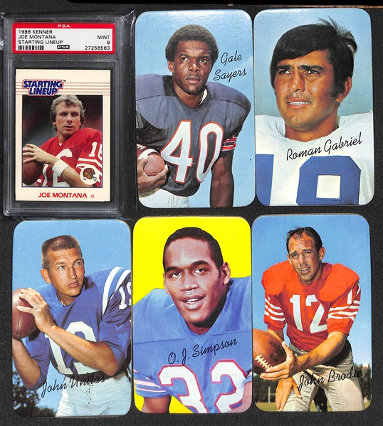 Lot of (6) Football Cards w/ 1988 Kenner SLU Montana PSA 9 and (5) 1970 Topps Super w/ OJ Simpson Rookie & Unitas
