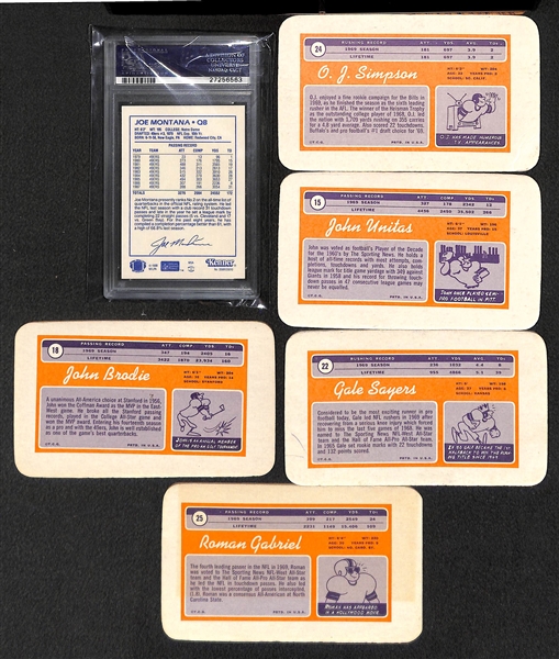 Lot of (6) Football Cards w/ 1988 Kenner SLU Montana PSA 9 and (5) 1970 Topps Super w/ OJ Simpson Rookie & Unitas