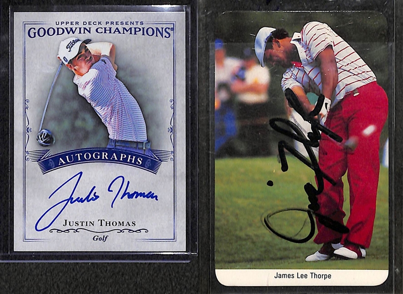 (2) Gold Cards - Justin Thomas 2016 Goodwin Champions Autograph and Jim Thorpe (Golfer) Signed Card