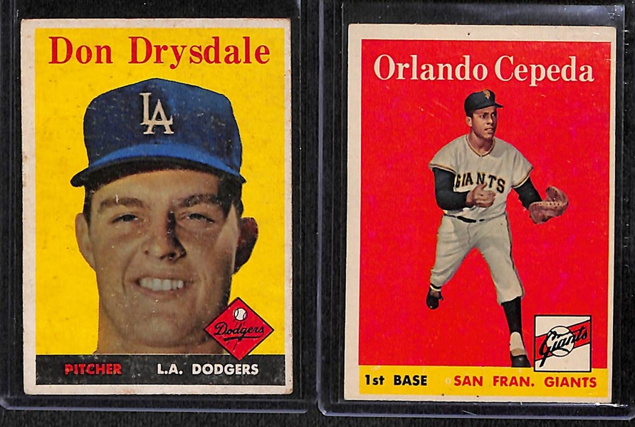 Lot of 225+ Assorted 1958 Topps Baseball Cards w. Don Drysdale
