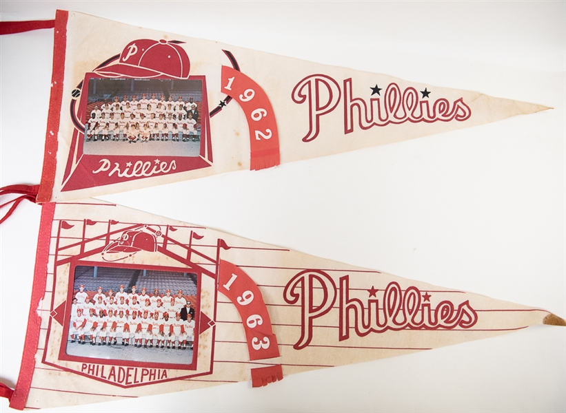 Lot of (7) Vintage Sports Pennants (Inc. 1950s Nut & Chocolate Phillies Mini, 1962 Phillies w/ Photo, 1963 Phillies w/ Photo, + more!)