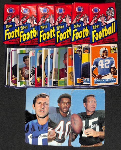 Lot of 15 Topps Football Cards from 1956-1979 & 6 Sealed 1982 Football Packs w. 1956 Lenny Moore RC