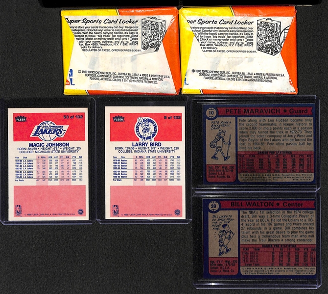 Lot of 2 Sealed 1980-1981 Topps Basketball Packs, and 70 Topps & Fleer Basketball Cards from 1974-74 & 1986-87