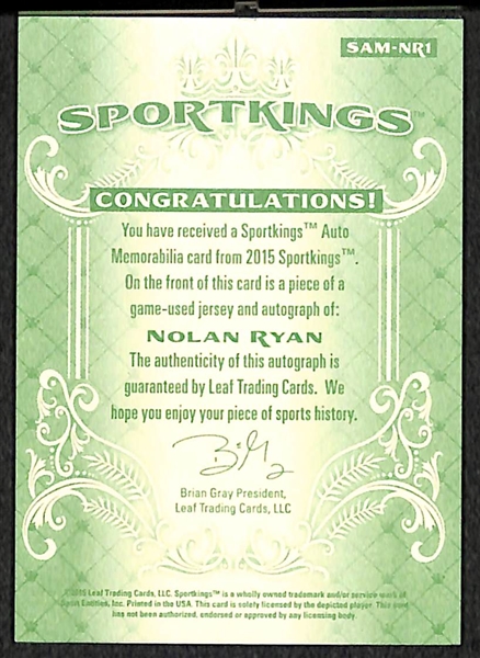 2015 Sports Kings Nolan Ryan Autograph Jersey Card