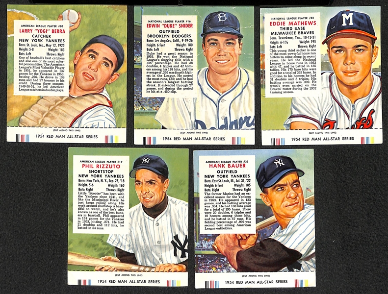 Lot of (5) 1954 Red Man Tobacco Cards (w/ Tabs) Inc. Berra, Snider, Mathews, Rizzuto, and Bauer