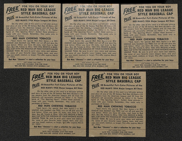Lot of (5) 1954 Red Man Tobacco Cards (w/ Tabs) Inc. Berra, Snider, Mathews, Rizzuto, and Bauer