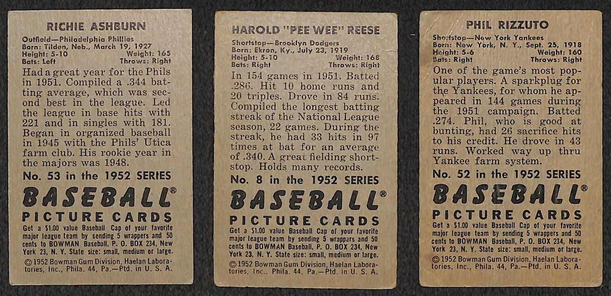 Lot of 3 - 1952 Bowman Baseball Cards - Ashburn, Reese, & Rizzuto