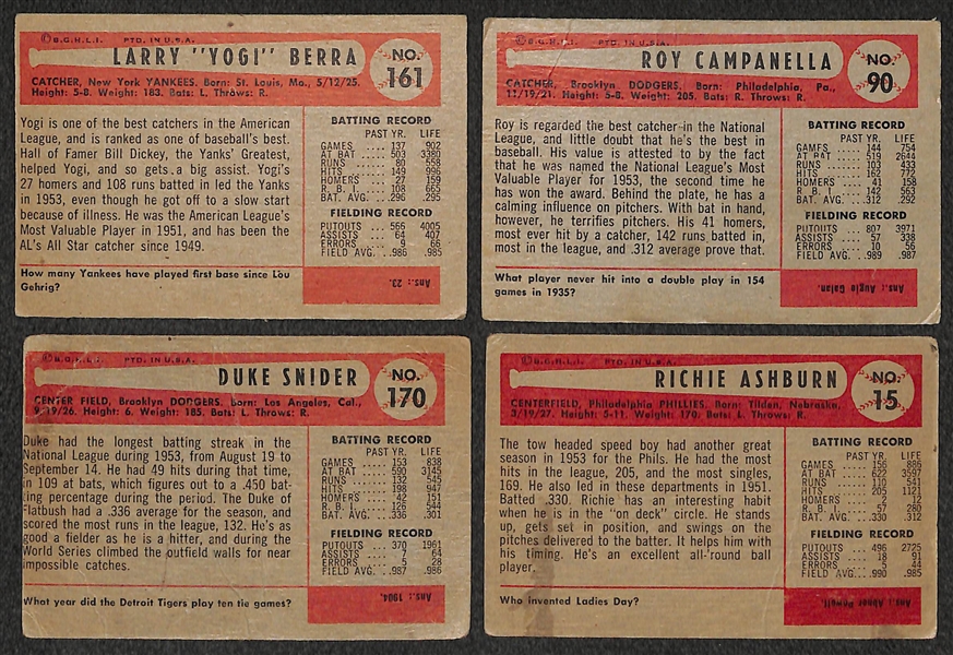 Lot of 4 - 1954 Bowman Baseball Cards w. Berra, Campanella, Snider, & Ashburn