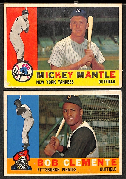 Lot of 2 - 1960 Topps Baseball Cards - Mickey Mantle & Roberto Clemente