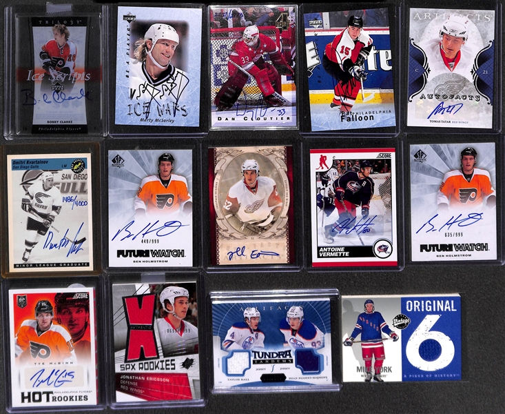 Lot of Over (50) Hockey Certified Autograph or Jersey Relic Cards (Inc. a Bob Clarke Ice Scripts Card)