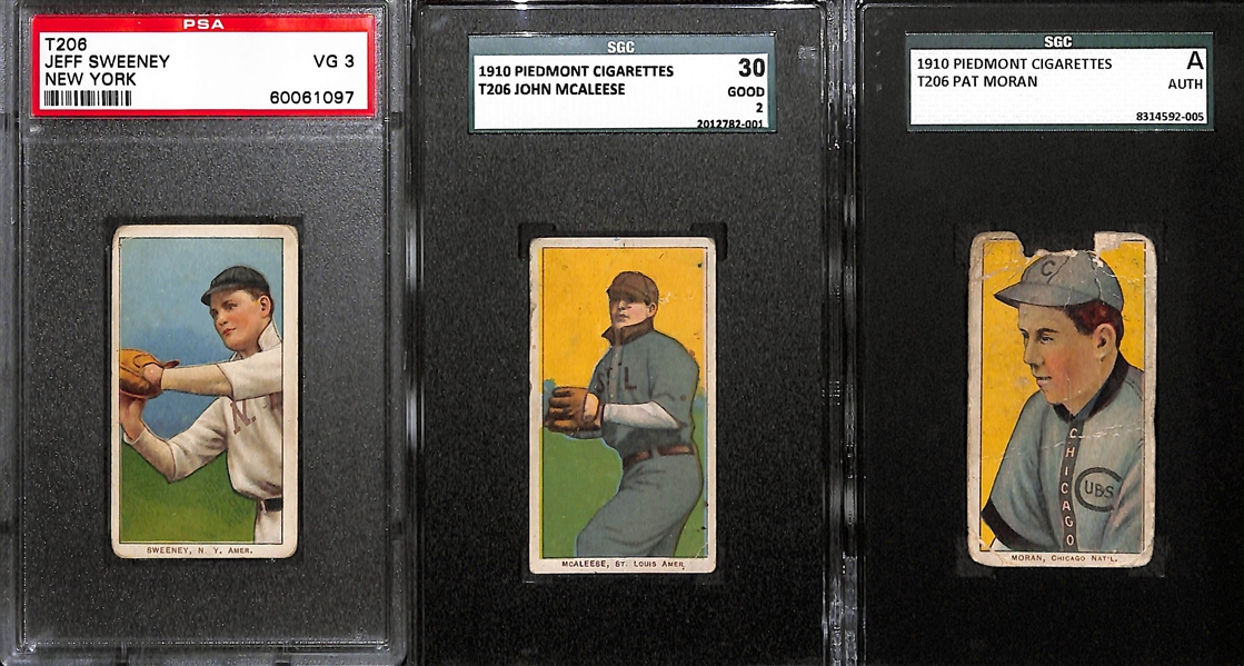 Lot of 3 - 1910 Piedmont Back T206 Cards - Sweeney, McAleese, Moran - SGC & PSA