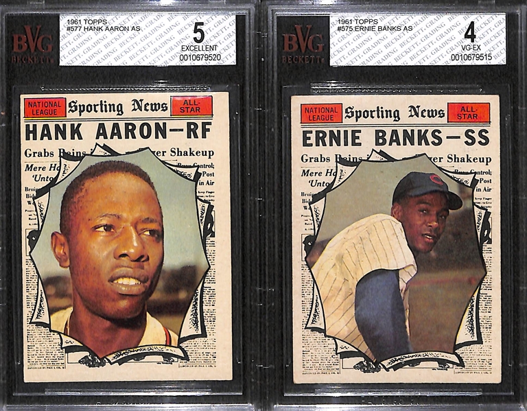 Lot of 2 - 1961 Topps Baseball Cards - Hank Aaron AS & Ernie Banks AS - BVG 5 & 4