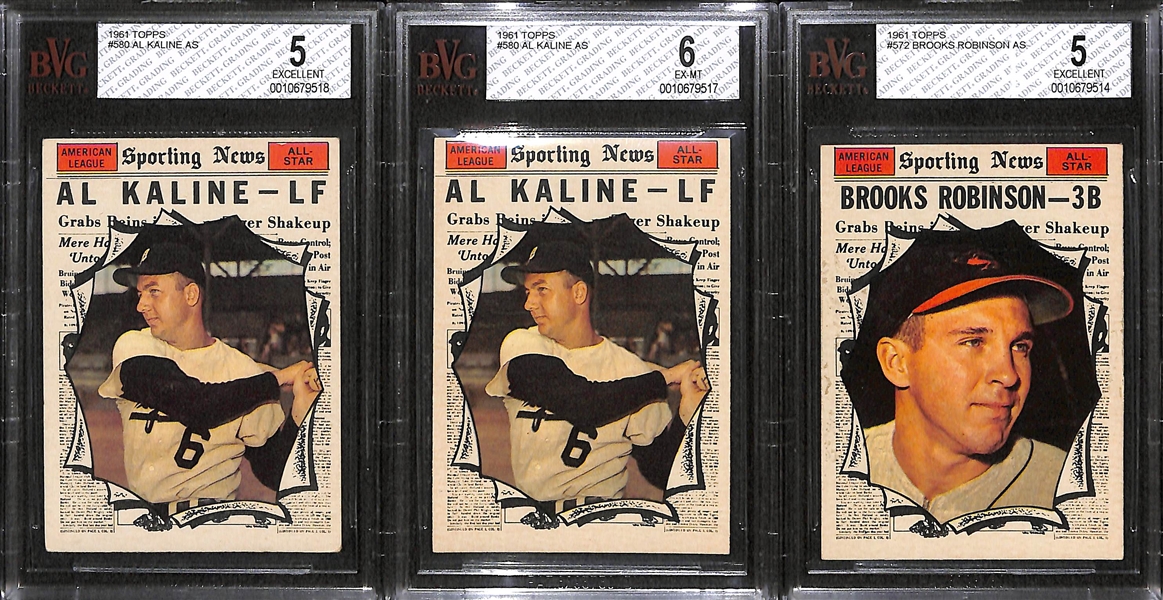 Lot of 3 - 1961 Topps Baseball Cards - Brooks Robinson AS & Al Kaline AS - BVG 5 & 6