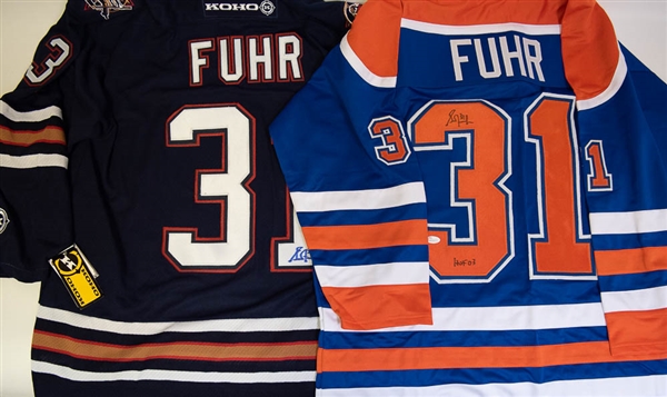 Lot of 2 Grant Fuhr Signed Replica Oilers Hockey Jerseys - Dark Blue & Throwback Style Jersey (JSA)