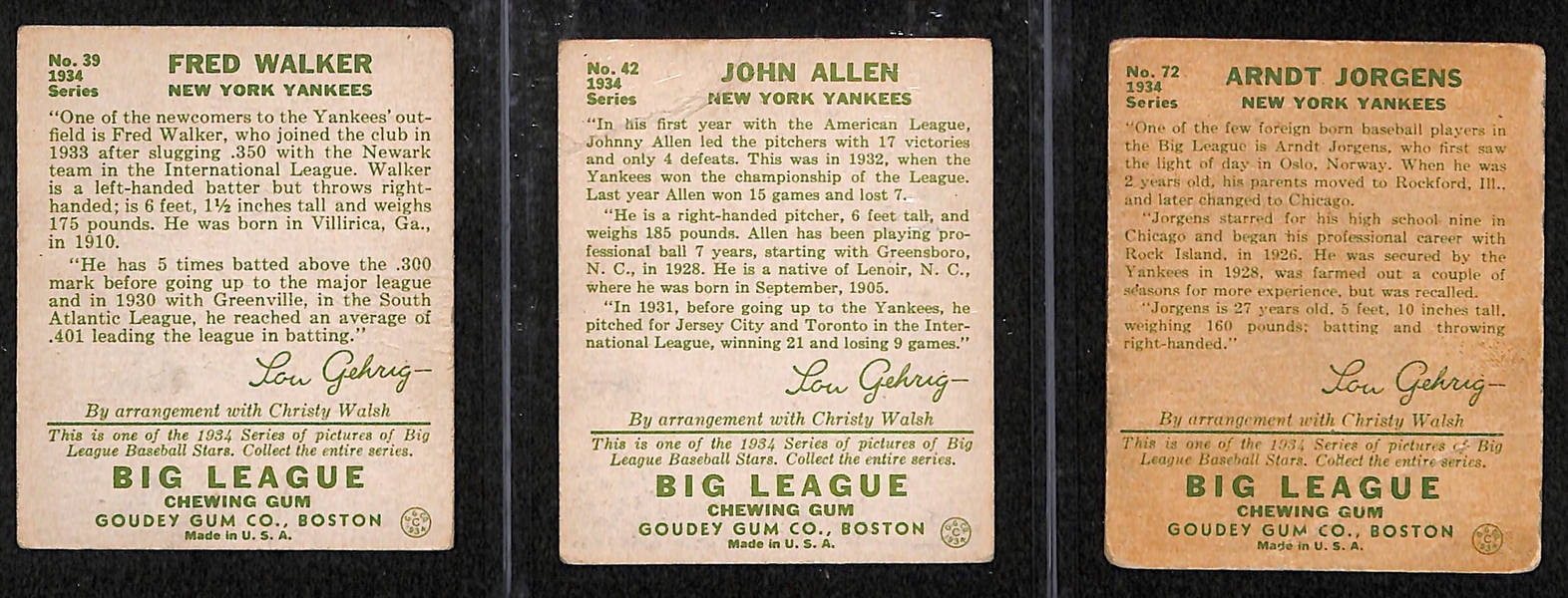 Lot of 3 - 1934 Goudey Baseball Cards w. Fred Walker