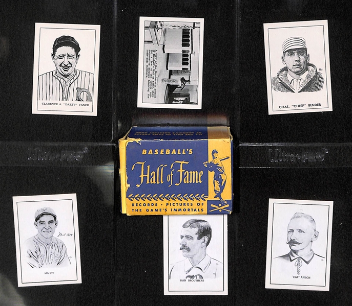 (6) High-Grade 1950 Callahan HOF Cards w/ Ott, Anson, Brouthers, Bender, HOF Museum Interior (w/date), Vance and Original Box